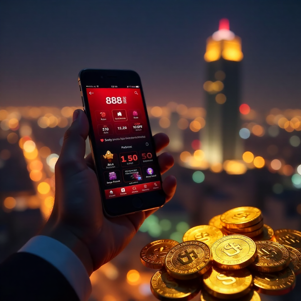 A hand holding a luxury smartphone displaying the official 888starz Uzbekistan app with its signature red and black interface, background is the Tashkent City skyline and Hilton tower at night with vibrant golden bokeh lights, 3D golden coins with UZS sym